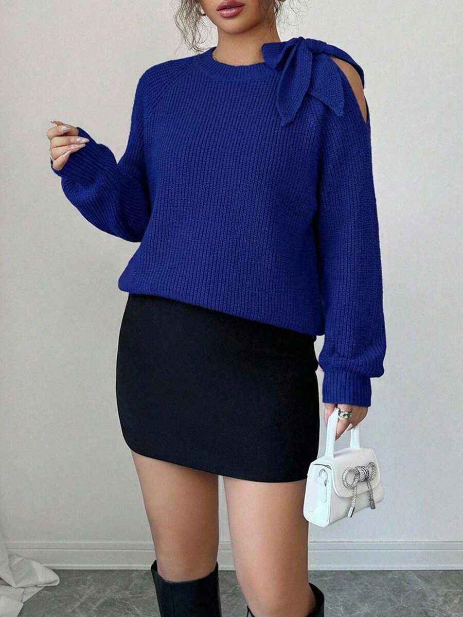 Women's Casual Everyday Commute Simple Solid Color Twist Cold Shoulder Raglan Sleeve Loose Knit Sweater, Autumn/Winter - Royal Blue - View 1
