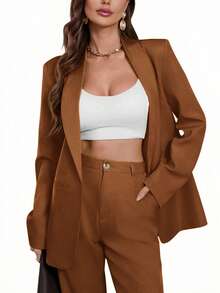 Aveloria Modichic Áo blazer cổ ve lật màu trơn, kiểu dáng thường ngày, thích hợp cho mùa xuân/thu. - Cà phê nâu - Xem 5