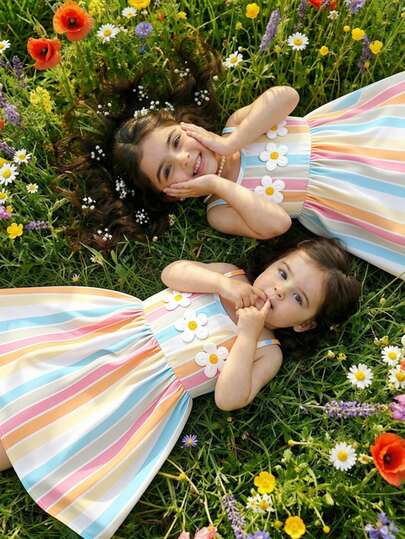 Young Girls' Colorful Striped Camisole Dress, Made Of Lightweight Soft Fabric, Vertical Colorful Striped Design Looks Vibrant And Lively, Decorative 3D Floral Accent On Chest Adds Sweet Childlike Charm, Spaghetti Strap Cut Fits The Body Well