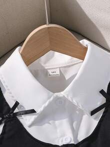 女童撞色衬衫套装，二合一设计，包含一件可爱泡泡袖蝴蝶结装饰衬衫、一件优雅上衣和一条休闲短裤，适合外出和日常穿着，夏季必备单品 - 黑與白 - 查看 8