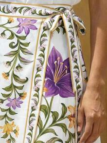 CAJUNI Elegant White Straight Wrap Skirt With Romantic Floral Print. - Purple - View 2