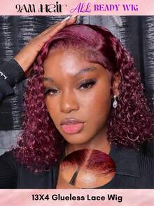 ALL READY WIG 99j Burgundy Water Wave Curly Bob Wig Human Hair 180 Density 13x4 Hd Lace Closure Wigs Human Hair Bob Wigs For Women Wear And Go Glueless Wig Bob Water Wave Bob Wig Human Hair Preplucked 12 Inch - S99J - View 1