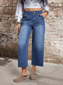 EMERY ROSE Women's Straight Leg Casual Summer Versatile Jeans With Pockets - Blue - View 3