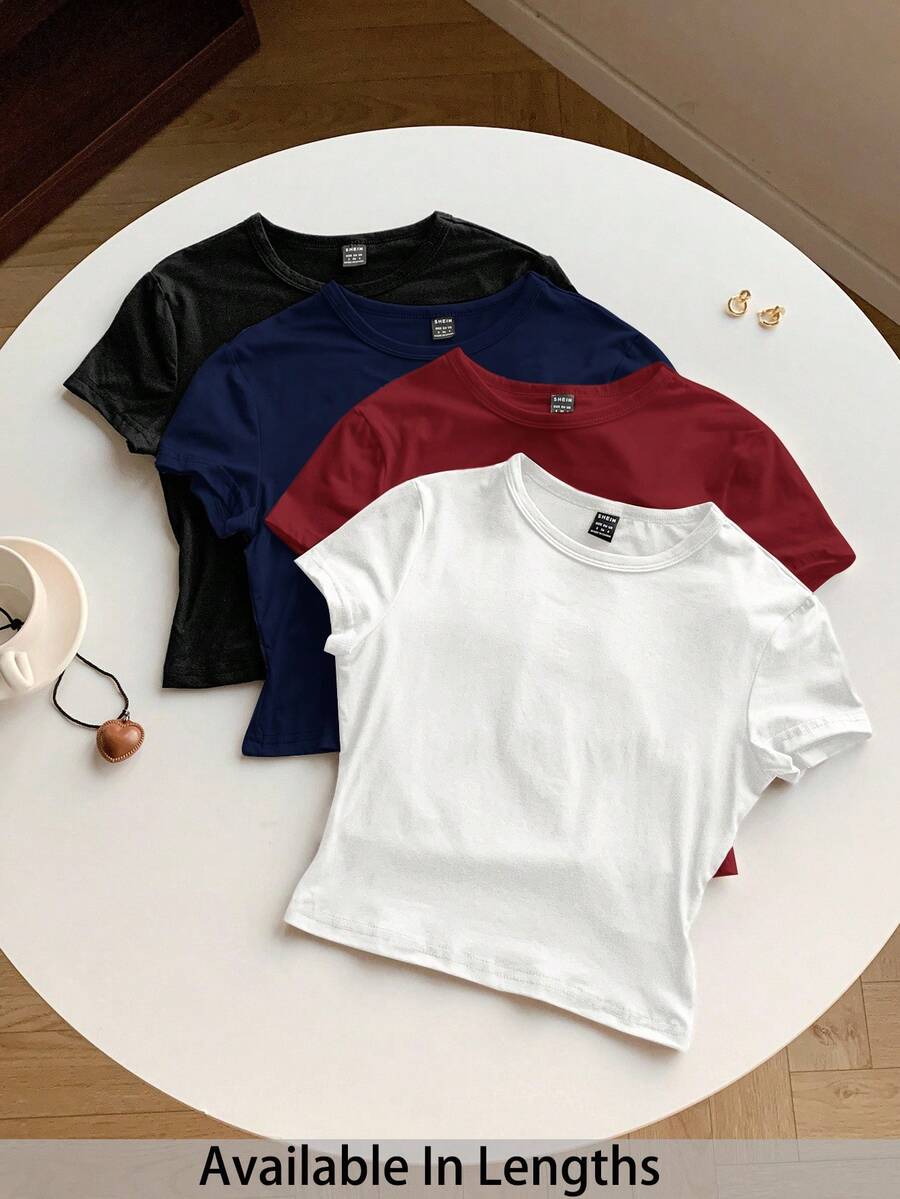 SHEIN Tall CURVE Setelan 4 Potong Ukuran Plus, Warna Polos, Model Crop, Leher Bulat, Lengan Pendek, Pas Badan, Cocok untuk Musim Panas - MultiWarna - View 1