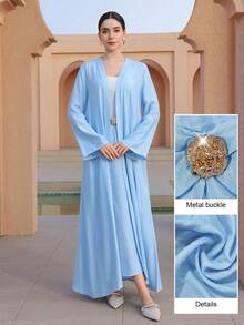 Graceveil Women's Elegant 2-Piece Set: Solid Color Casual Long Sleeve Cardigan & Metal Button Decorated Flared Skirt - Blue - View 7