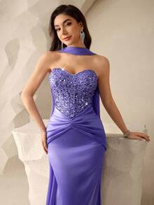 Coutiva 女士亮片拼接褶裥鱼尾下摆飘逸优雅连衣裙 - 紫色 - 查看 1