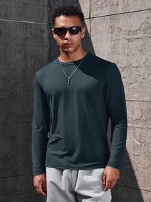Manfinity Homme Camiseta de manga larga casual y versátil de cuello redondo de unicolor para hombres - Neblina azul - Ver 4