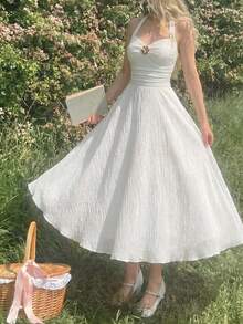 SHEIN MOD 大码女式提花面料露背吊带连衣裙 - 杏色 - 查看 10