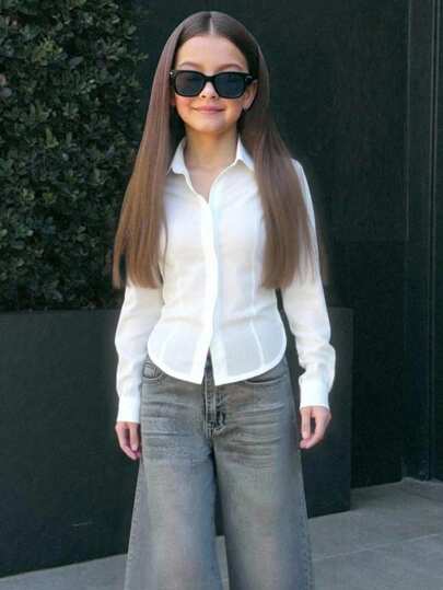 SHEIN Blusa blanca versátil y combinable para niñas preadolescentes, apta para usar de forma casual o formal, adecuada para graduaciones y uso diario