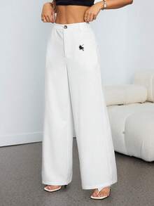 SHEIN PETITE Pantalones casuales anchos de pierna ancha con bolsillos de unicolor para mujer - Blanco - Ver 7