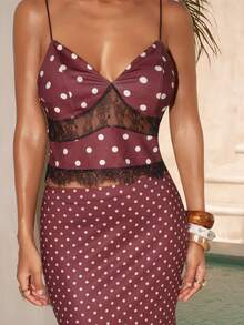 NOVVYNE 女士时尚性感蕾丝波点吊带背心和迷你裙两件套 - 黑與白 - 查看 5