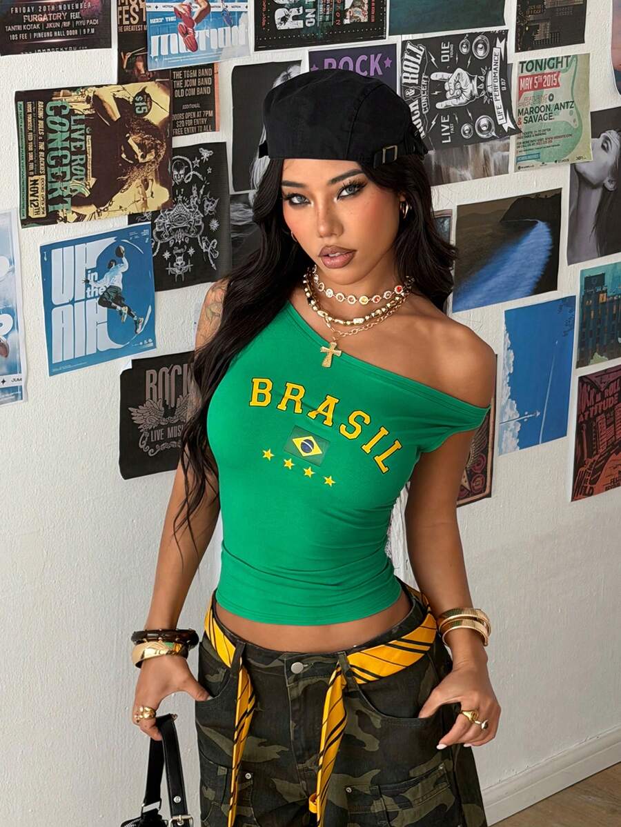 StreetHx Women's Ruched Waist Sleeveless Asymmetrical Shoulder T-Shirt With Brazil Flag Print, Basic Style, Green - Green - View 1