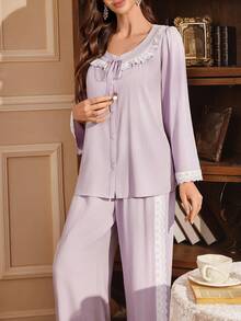 SHEIN 宫廷风刺绣滚边系带宽松长袖睡衣套装（女款） - 淡紫色 - 查看 6