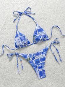 Soleia Peacock Blue Knit Metallic Thread V-Neck Shell Chain Decor Tie-Up 2 Pieces Bikini Set For Beach Vacation - Baby Blue - View 2