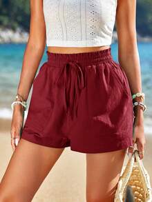 Travachic 女士夏季休闲纯色抽绳腰短裤 - 紅色 - 查看 6