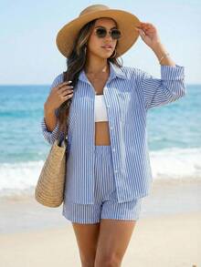 Swim Vcay قميص أزرق مخطط بأكمام طويلة للنساء، طقم قطعتين كاجوال لتغطية الشاطئ - الأزرق - مشاهدة 5