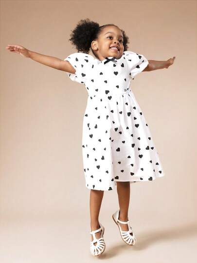SUMWON Girls Heart Print Dress With Puff Sleeves Collar Neckline Midi Length Cotton Fabric Elastic Waist Summer Spring Casual Wear