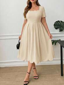 Ellevyn Plus Size Elegant Women Dress With Square Neckline And Shell Trim - Apricot - View 4