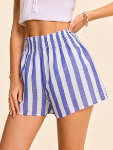 SHEIN VCAY Vacation Woven Striped High Waist Loose Wide Leg Women's Shorts - Blue and White - View 1