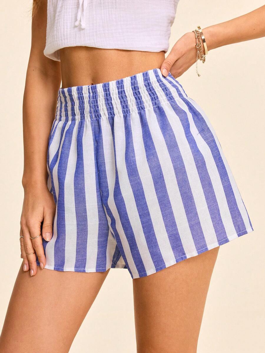 SHEIN VCAY Vacation Woven Striped High Waist Loose Wide Leg Women's Shorts - Blue and White - View 1