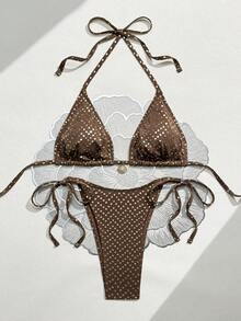 Swim Vcay 新款春夏闪亮金属波点侧系带露背比基尼套装，适合派对、下午茶、海滩、邮轮度假等场合。 - 彩色 - 查看 6