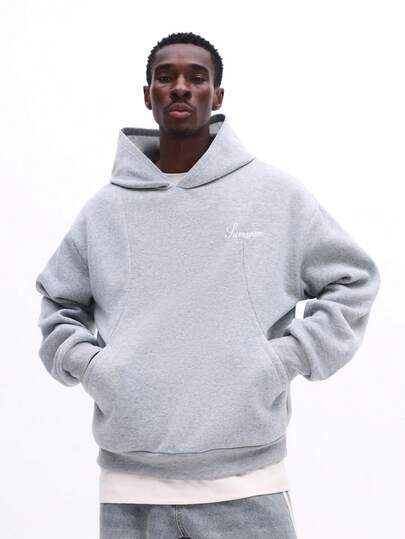 SUMWON Sudadera con capucha gris claro jaspeada para hombre con logotipo de texto, cordón en la capucha, bolsillo central, manga larga, sudadera casual lisa