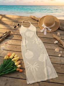 SHEIN Vestido casual de cobertura de vacaciones con escote halter y recortes para niña preadolescente de unicolor - Albaricoque - Ver 6
