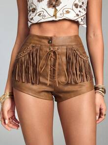 ROMWE Shorts cortos de piel sintética con flecos de cintura baja, estilo hippie chic, casual para vacaciones, festivales de música y fiestas - Amarillo - Ver 1
