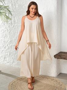 EMERY ROSE Women's Plus Size White Summer Smart Casual Vacation Outfit Sets,Solid Color Camisole & Pants 2 Pieces Set,Beach Peplum Spring Country Concert Outfit - Apricot - View 4