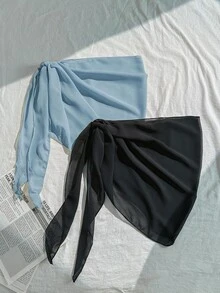 Swim Basics 2pcs/Set Solid Color Tie-Up Beach Cover-Up - Blue - View 4