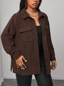 Truni Plus Size Women Solid Color Long Sleeve Single-Breasted Cargo Pocket Casual Jacket, Autumn Fall Winter, For Pear Triangle Body Shape - Chocolate Brown - View 3