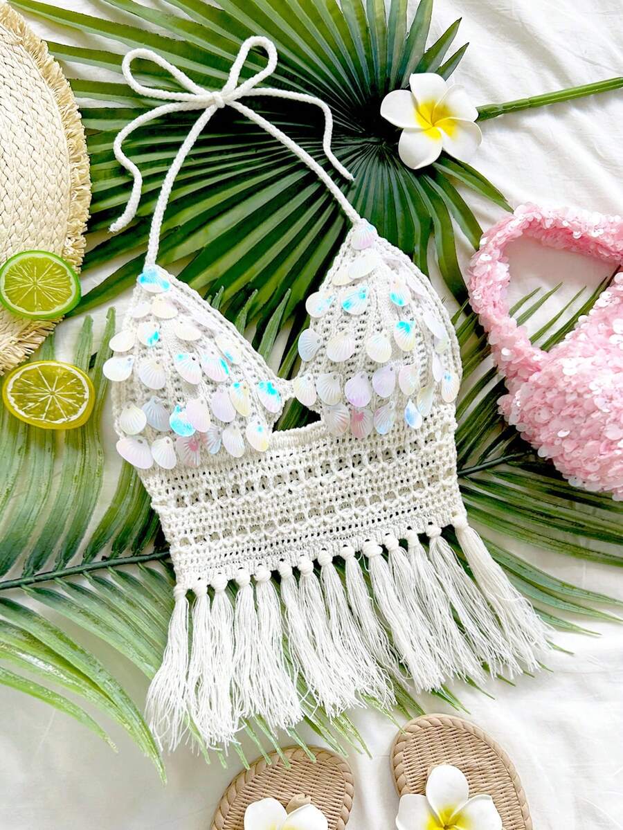 Soleia 女士串珠露背流苏针织上衣，适合度假、约会、下午茶、海滩、邮轮、城市旅行、婚礼季、音乐节、波西米亚风假期等场合。 - 彩色 - 查看 1