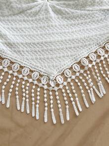 Soleia Áo hai dây cổ yếm màu trơn dành cho nữ, có đính cườm và tua rua ở gấu áo, thích hợp cho kỳ nghỉ. - trắng - Xem 6