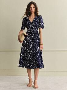 Écloséra Đầm thanh lịch dành cho nữ, đầm kiểu Pháp, đầm hở lưng, đầm chấm bi, đầm phối màu, đầm họa tiết, đầm xuân/hè, đầm chữ A, đầm có chất liệu vải. - Màu xanh hải quân - Xem 4