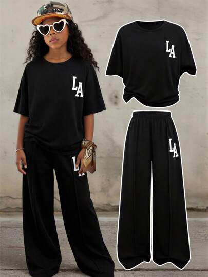 Tween Girls' Casual Basic Versatile Daily Home Sports School Letter Print Knit Solid Color T-Shirt And Pants Set, Spring/Summer