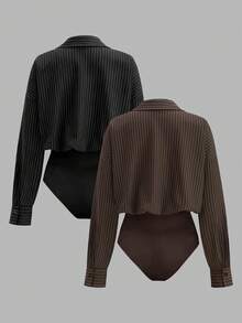 Franclia Plus Size Casual Striped Long Sleeve Bodysuit - Multicolor - View 2