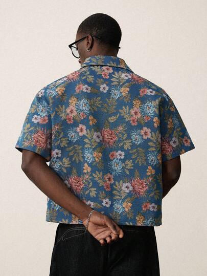 STYNVO Men's Floral Jacquard Short Sleeve Single-Breasted Casual Shirt Dark Blue Button Up Hawaiian Shirt Men Cuban Shirt Floral Top Men Hibiscus Shirt