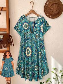 Rusticease Plus Size Women Teal Floral Print Round Neck Short Sleeve Loose Casual Dress,Boho Summer Vacation Holiday Outfits,Spring Country Style Flower Dress - Multicolor - View 1