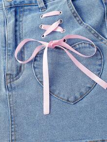 SHEIN MOD Chân váy denim nữ kiểu dáng thường ngày với thiết kế dây buộc khoen và túi. - Rửa nhẹ - Xem 4