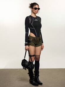 Rina Fox 女士圆领长袖修身连体衣 - 黑色 - 查看 2