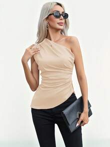 Aveloria Modichic Women's Solid Color Asymmetric Neckline Ruched Sleeveless Top, Suitable For Valentine's Day, Spring And Summer - Apricot - View 3