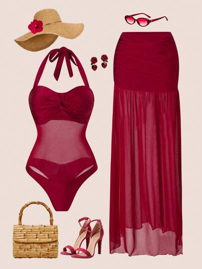 Swim Oasis Burgundy Twist Ruched Halter Mesh Patchwork Bodysuit With Waist Crossed Ruffle Maxi Dress, Fashionable High-End Style For Spring/Summer