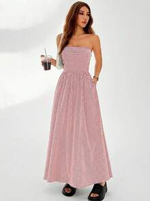 SHEIN EZwear Đầm quây eo kẻ sọc kiểu dáng thường ngày dành cho nữ, mùa hè. - Đỏ - Xem 5