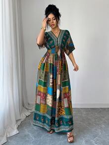 SHEIN Lacomfia Casual Conservative Floral Print Long Dress For Women - Green - View 6