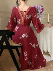 DAZY Women's Spring/Autumn Casual Vacation Style Floral Print Flared Sleeve Ribbon Decor Ruffle Hem Dress - Burgundy - View 3