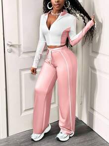 SHEIN BamGlam Ensemble décontracté 2 pièces pour femmes, design blocs de couleurs, veste zippée à manches longues et pantalon à cordon de serrage, automne - Rose bonbon - Voir 4