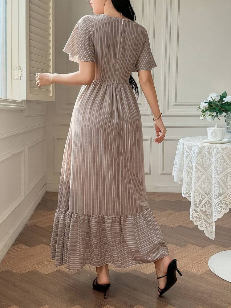 Women's Fashion V-Neck Striped Print Short Sleeve Dress Sundress