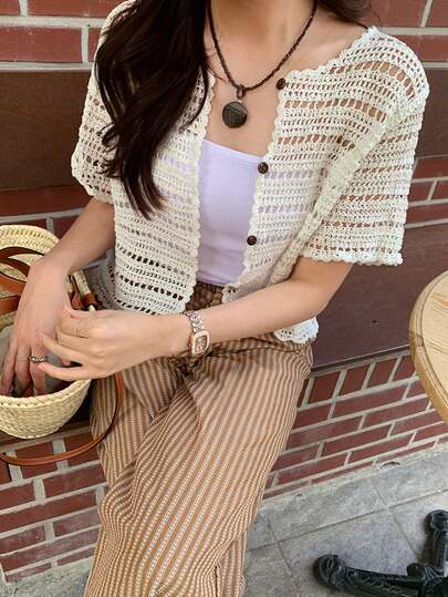 DAZY Vintage Minimalist Hollow Out Lightweight Cardigan, Youthful & Elegant Design For Women Summer Outerwear