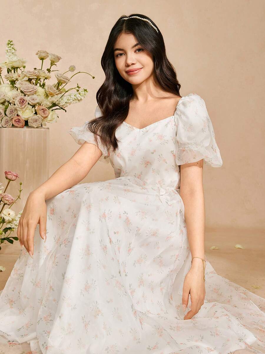 Đầm màu hồng nhạt cho bé gái tuổi teen, mùa xuân/hè, đầm dự tiệc cưới, tiệc sinh nhật, đầm dài bằng chiffon cho bé gái, đầm ngắn tay bằng polyester không co giãn, nhẹ. - Màu Hồng baby - Xem 1