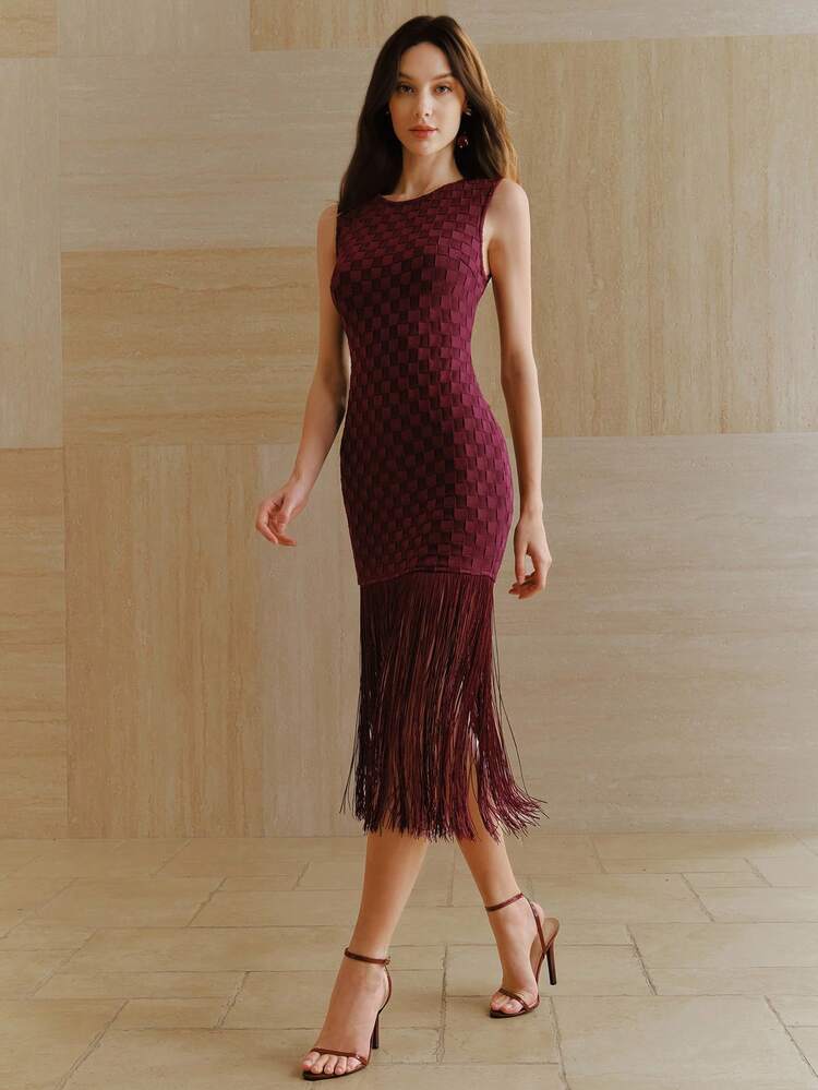 Nuevo vestido midi elegante francés de jacquard a cuadros con flecos, vestido de fiesta con vibra de diosa y estética de alta gama